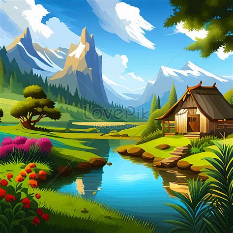 Hermoso Paisaje Natural Con Pagoda Y Montañas En La Ilustración De