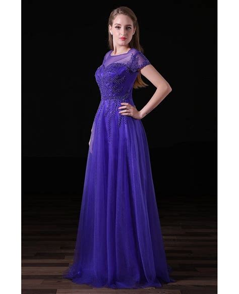 A Line Scoop Neck Floor Length Tulle Prom Dress With Appliques Lace A023 138 99