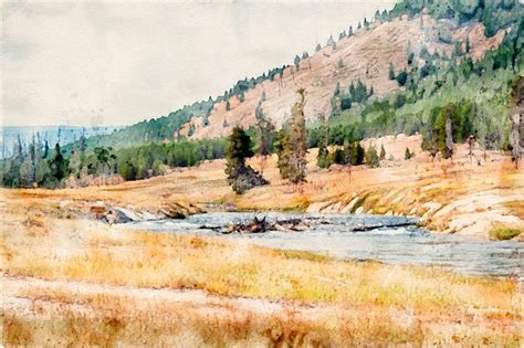 Digitally Created Watercolor Painting Of Of Firehole River With Log Jam