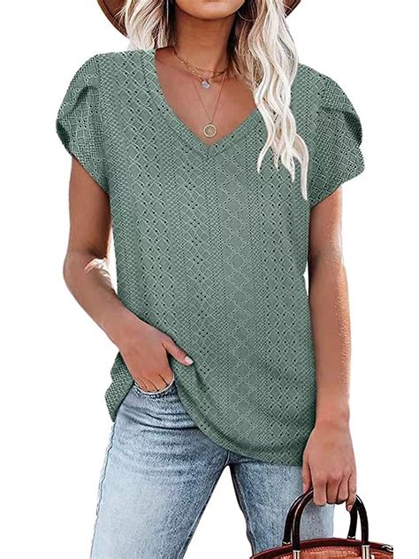 Temofon Women Tops Summer T Shirts Short Sleeve Casual V Neck Tops