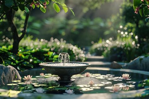 A Tranquil Garden Oasis With A Bubbling Fountain O Premium AI