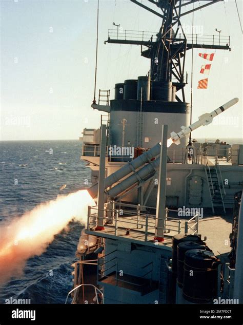 A Side View Of An Rgm 84 Harpoon Missile Immediately After Being Fired