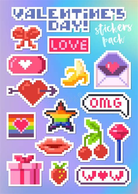 Ensemble D Autocollants Pour La Saint Valentin Pixel Art Illustration