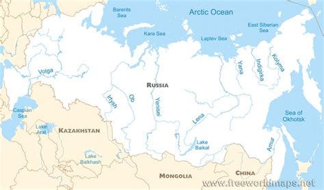 a large map of the russian peninsula with major cities and rivers labeled in blue on top