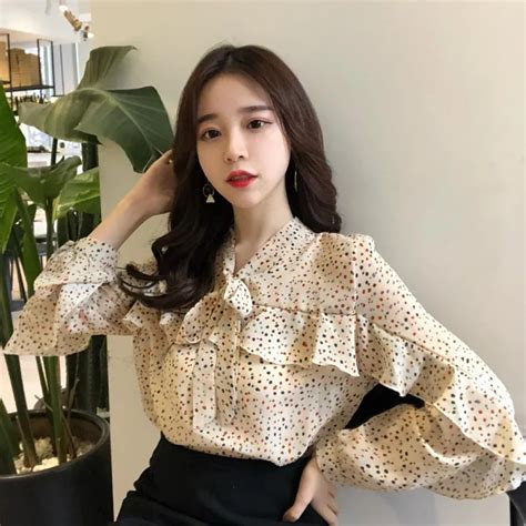 2019 Spring New Korean Chiffon Women Shirt Long Sleeve Sexy Clothes