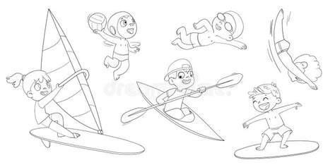 Enfants Avec Planches De Surf Page De Coloration Vectorielle Noir Et