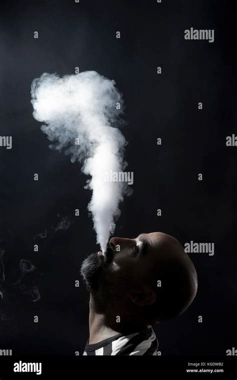 Bald Man Vaping Studio Shot Black Background Stock Photo Alamy