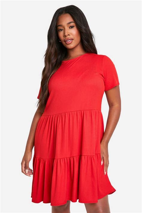 Plus Rib Short Sleeve Tiered Skater Dress Boohoo Uk