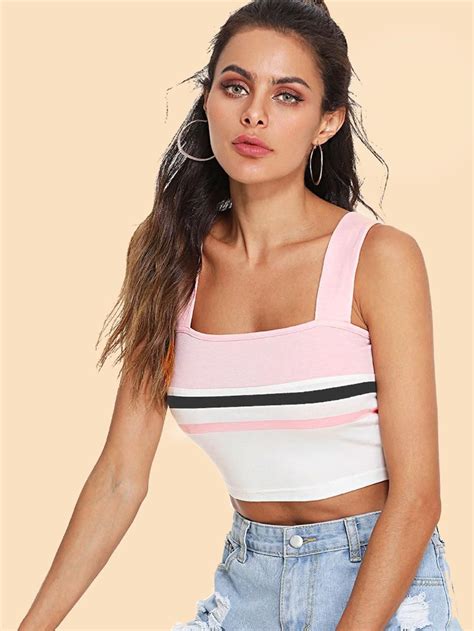 Thick Strap Striped Crop Top Shein Sheinside Striped Crop Top Crop