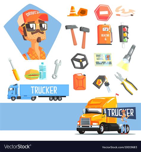 Long Distance Truck Driver And Elements Related Vector Image