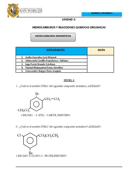 Hoja De Taller Arom Ticos Unidad Hidrocarburos Y Reacciones