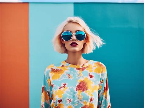 Premium Ai Image A Woman With Short Blonde Hair Stands In Front Of A Colorful Wall