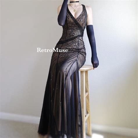 Y K Vintage Nude Black Beaded Gown Prom Dress Depop