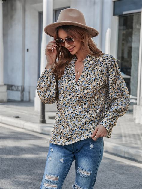 Ditsy Floral Print Notched Neckline Blouse Shein Usa