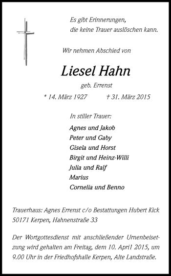 Traueranzeigen Von Liesel Hahn Wirtrauern