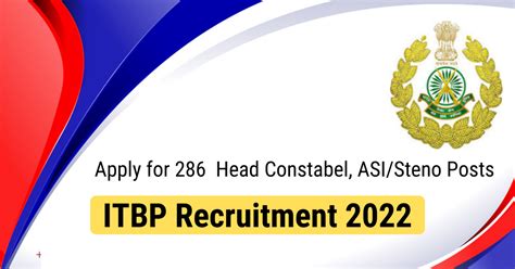 Itbp Recruitment 2022 Apply Online For 286 Head Constable Asi Posts