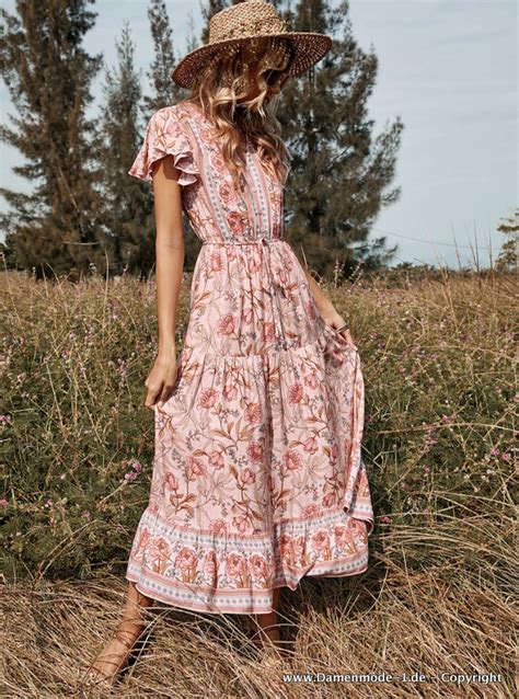 Neuheiten 2023 Boho Maxi Blusen Sommerkleid In Rosa Mit Blumenmuster