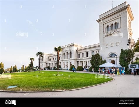 LIVADIYA, CRIMEA - SEPTEMBER 21, 2017: people near facade of Grand ...