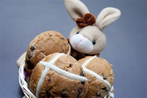 Free Image Of Easter Bunny With A Basket Of Hot Cross Buns Freebie Photography