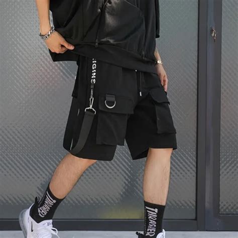 Men Punk Rock Hip Hop Shorts Ribbons Hiphop Cargo Shorts Mens Black