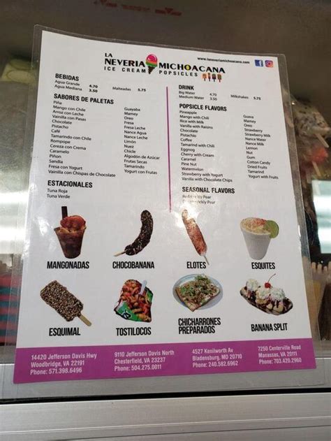 Menu At La Neveria Michoacana Manassas