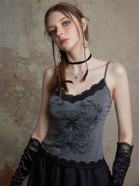 Fairycore Butterfly Print Contrast Lace Cami Top Shein Usa