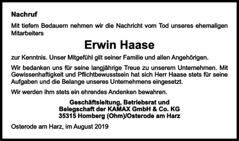 Traueranzeigen Von Erwin Haase Harztrauer De