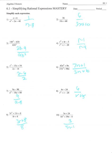 Rational Expression Worksheet 1 Simplifying