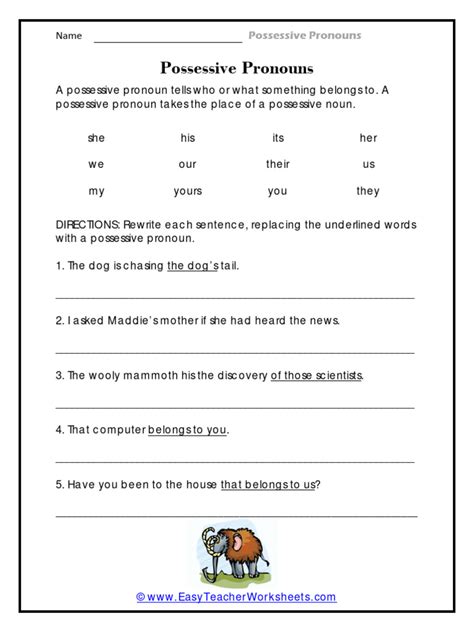 Possessive Pronouns Directions Rewrite Each Sentence Replacing The