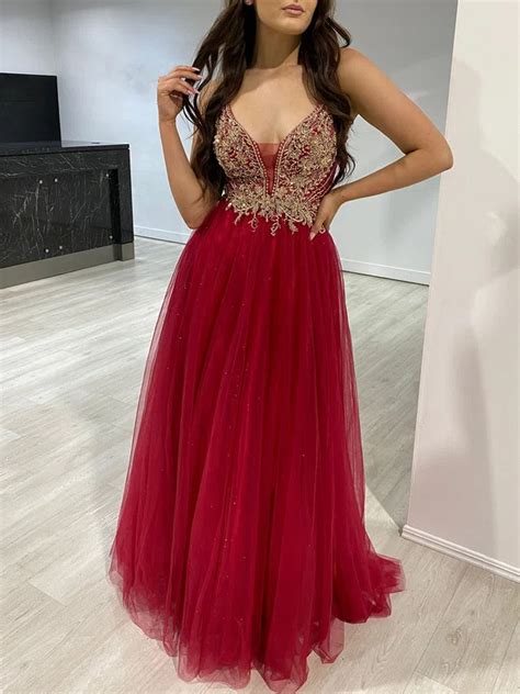 Ball Gown Princess V Neck Tulle Glitter Floor Length Prom Dresses With