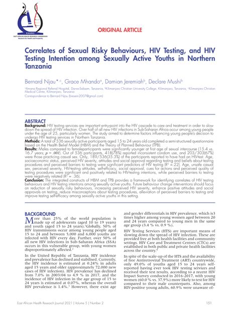 Pdf Correlates Of Sexual Risky Behaviours Hiv Testing And Hiv