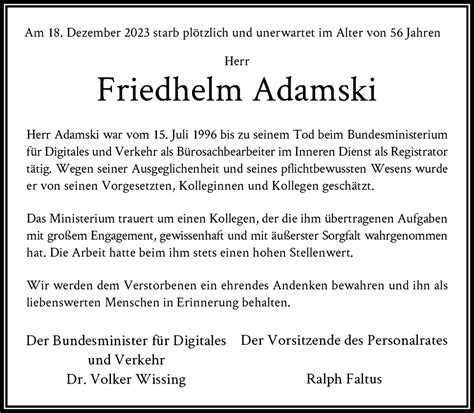 Traueranzeigen Von Friedhelm Adamski Ga Trauer De