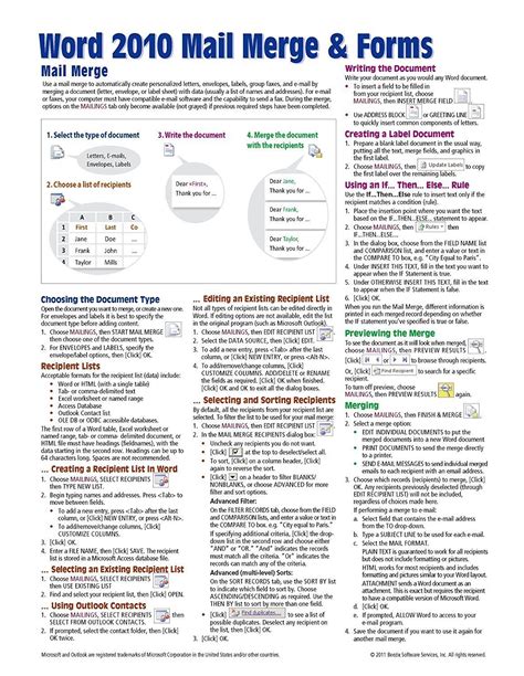 Microsoft Word 2010 Mail Merge And Forms Quick Reference Guide Cheat