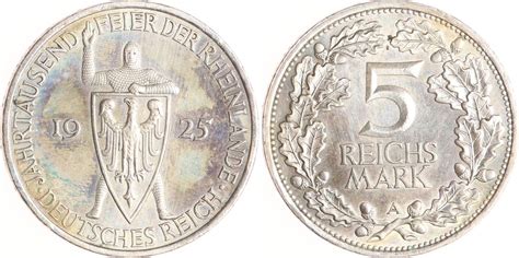 Weimarer Republik 5 Reichsmark 1925 A Rheinlande Sehr schön