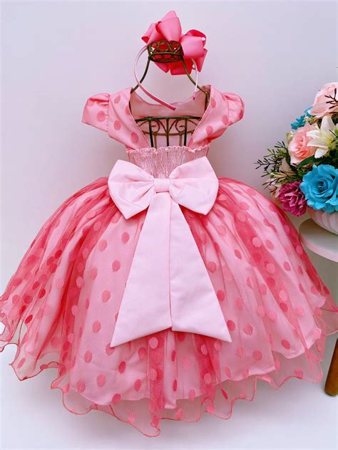 Vestido Infantil Ros Bolinhas Cinto Strass C P Rolas Luxo Rosa