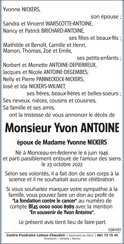 Yvon ANTOINE 23 10 2022 Avis nécrologique lavenir net