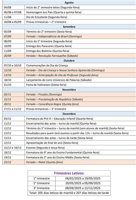 Calendário Escolar 2025 Colégio Universos Escola Particular Sarandi Rs