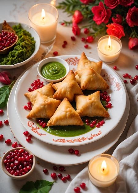 Samosa And Green Chutney Sauce On A White Plate Premium Ai Generated