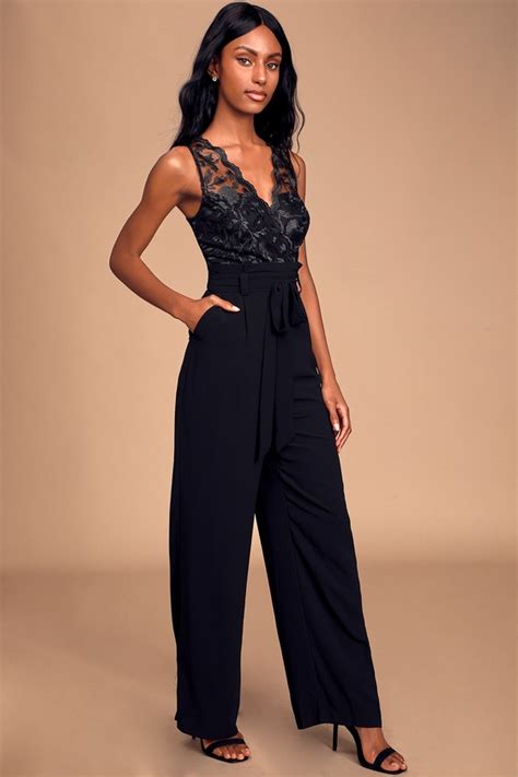 Chic Black Lace Jumpsuit Wide Leg Jumpsuit Surplice Jumpsuit Lulus