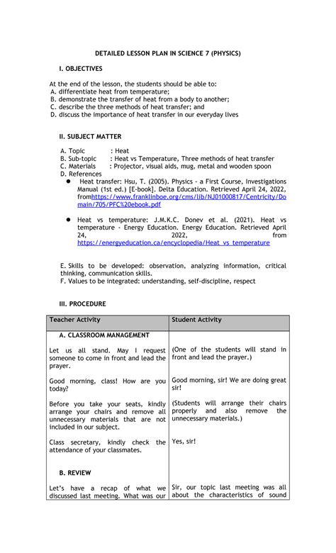 Detailed Lesson Plan In Heat Transfer Detailed Lesson Plan In Science