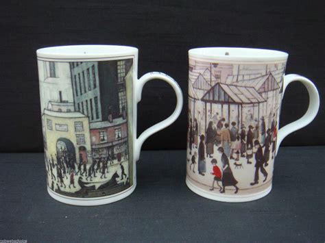 Two L S Lowry Wren Bone China Mugs Coming From The Mill And Market Scene