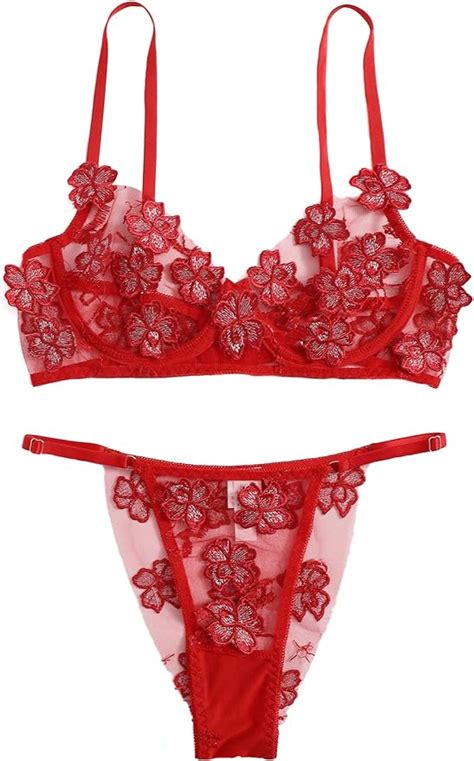 WDIRARA Women S Sexy Lace Spaghetti Strap Flower Applique Lingerie Set