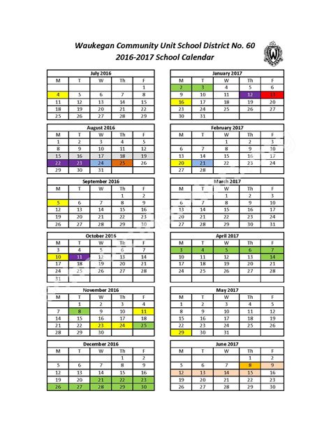 2016 - 2017 School Calendar | Waukegan Community Unit School District ...