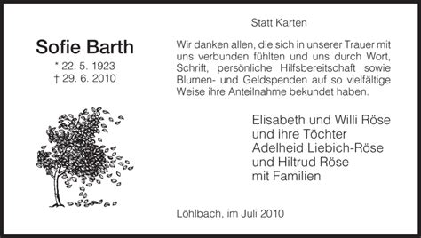 Traueranzeigen Von Sofie Barth Trauer HNA De