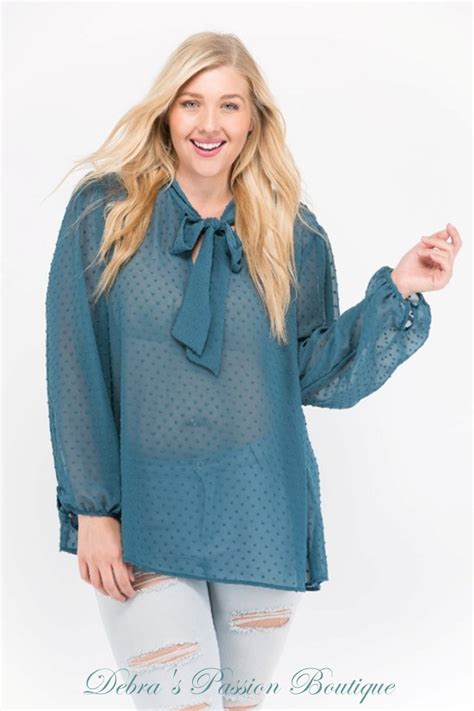 Janette Plus Bow Tie Swiss Dot Blouse Teal Fall Outfits 2017 Neck