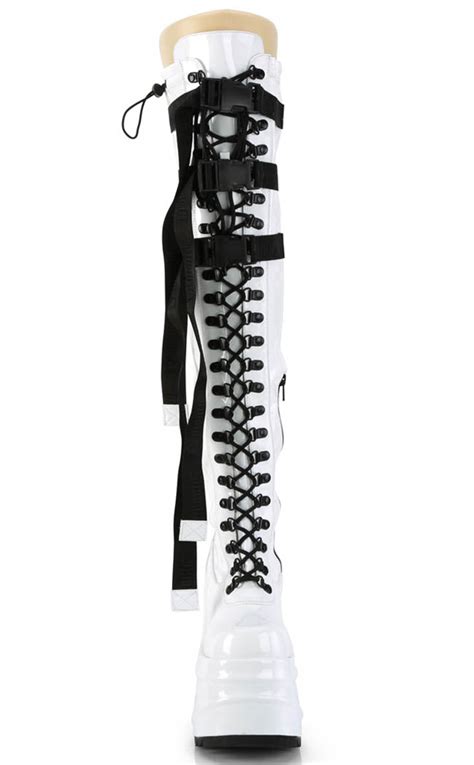 Wave 315 White Patent Thigh High Boots Demonia Shoes Australia