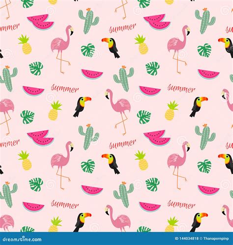 Tropical Seamless Pattern With Flamingos Toucans Cactuses And