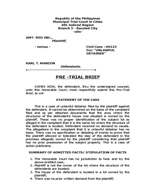 Pre Trial Brief Pdf Plaintiff Complaint