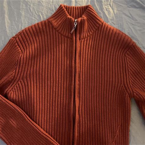 Amazing Burnt Orange Zip Up Ribbed Knitted Fleece I Depop