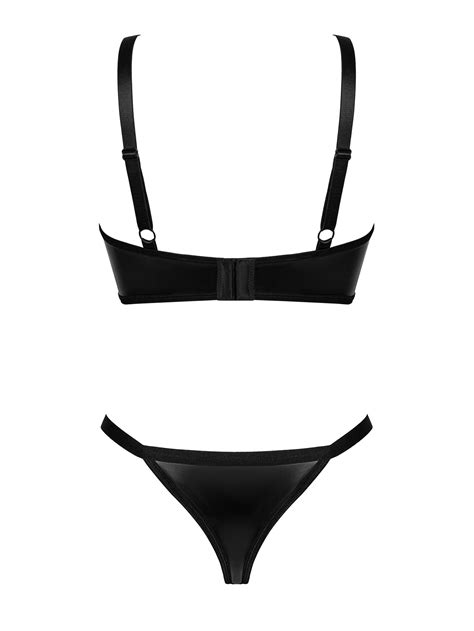 Sensual Elastic Faux Leather Lingerie Set Soft Bra With Cutouts And